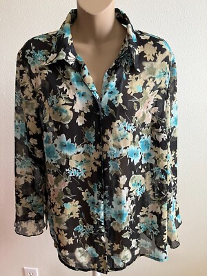 Notations Blouse, Floral, Sheer, V Neck, Long Sleeve, Black, Size L
