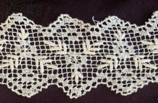 antique cream colored darned filet lace trim handmade 42" long loop, 2" wide