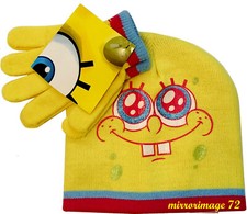 SpongeBob Square Pants Boys Girls Yellow Knit Beanie Hat Gloves 2 Piece Set