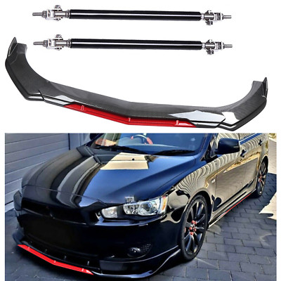 Front Bumper Splitter Spoiler + Strut Rods Carbon Fiber For Mitsubishi Lancer