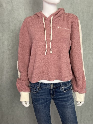 Champion women's XL Plush Pink Terry Cloth cropped drawstring sleep hoodie - Picture 2 of 20