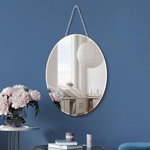 Oval Wall Mirror with Hanging Chain Frameless Decorative Beveled Vanity Bathroom - Picture 2 of 11