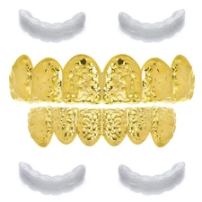 Gold Plated Nugget Top & Bottom Teeth Grillz SET + 2 Extra Molds Hip Hop LS616 G