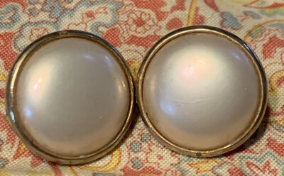 Trifari Pearl Button Gold Tone Frame Clip On Tagged Earrings