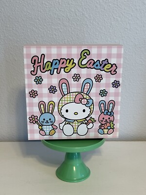 SANRIO HELLO KITTY HAPPY EASTER BUNNY PASTEL GINGHAM SIGN DECORATION WALL HANG