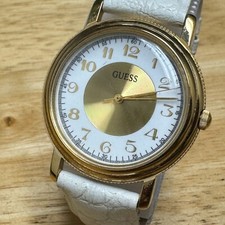 Vintage Guess Quartz Watch Unisex Gold Tone Japan Movt White Leather New Battery