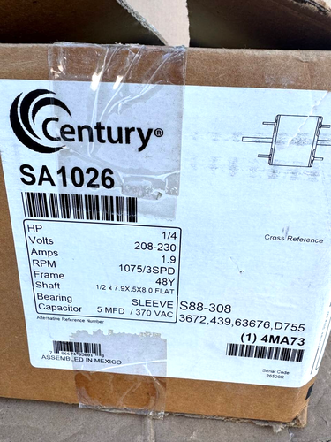 Century SA1026 F48E64A01 1/4 HP 208-230V Electric Motor 1075RPM/3Speed - Picture 4 of 7