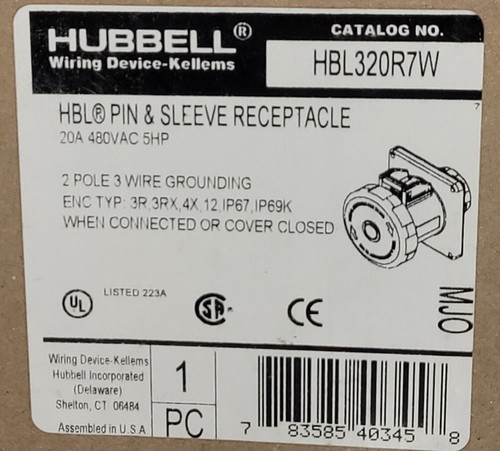Hubbell HBL320R7W Presa a perno e manicotto 20A 2P 3W 480VAC - Foto 4 di 4
