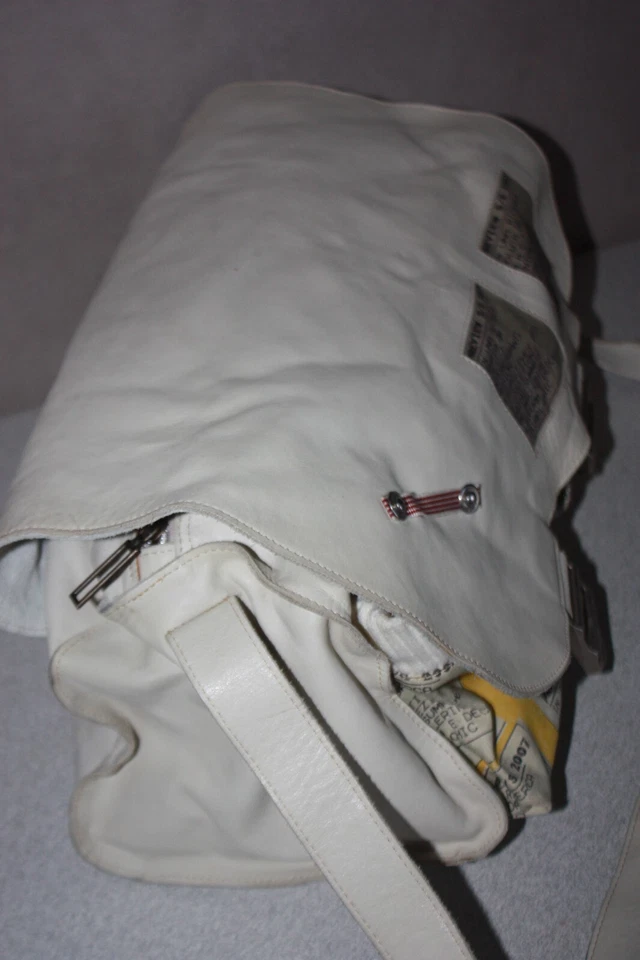 CATHERINE PARRA Sac Bowling Cuir et Coton Blanc Cassé TBE - Photo 4/4