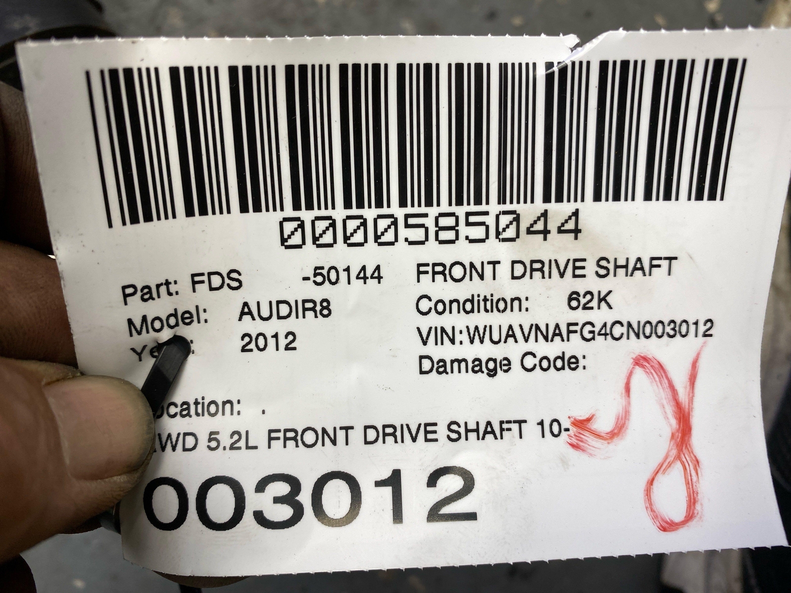 2010 2011 2012 2013 2014 2015 AUDI R8 AWD 5.2L FRONT DRIVE SHAFT OEM
