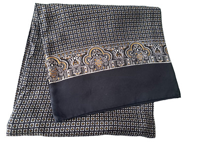 SAKS FIFTH AVENUE Vintage Black Gold Hand Printed Italy Double Sided Silk Scarf