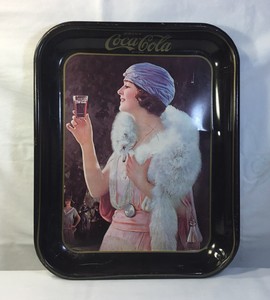 Coca-Cola 1973 Party Flapper Girl Blue Hat Metal Serving Tray Coke Vintage