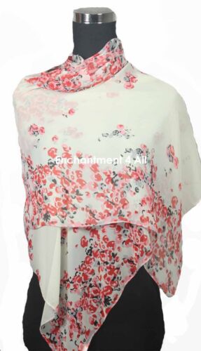 Elegant Oblong Handmade Scarf Wrap Chiffon w/ Stunning FLORAL Pattern, Ivory/Red