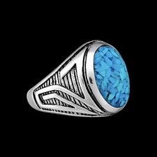 Size 10.5-925 Sterling Silver Oval Turquoise Ring, Geometric Maze Accent...