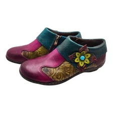 Socofy Floral Leather Ankle Boots Multicolor Zip Flower Detail Size 38 US 7.5-8