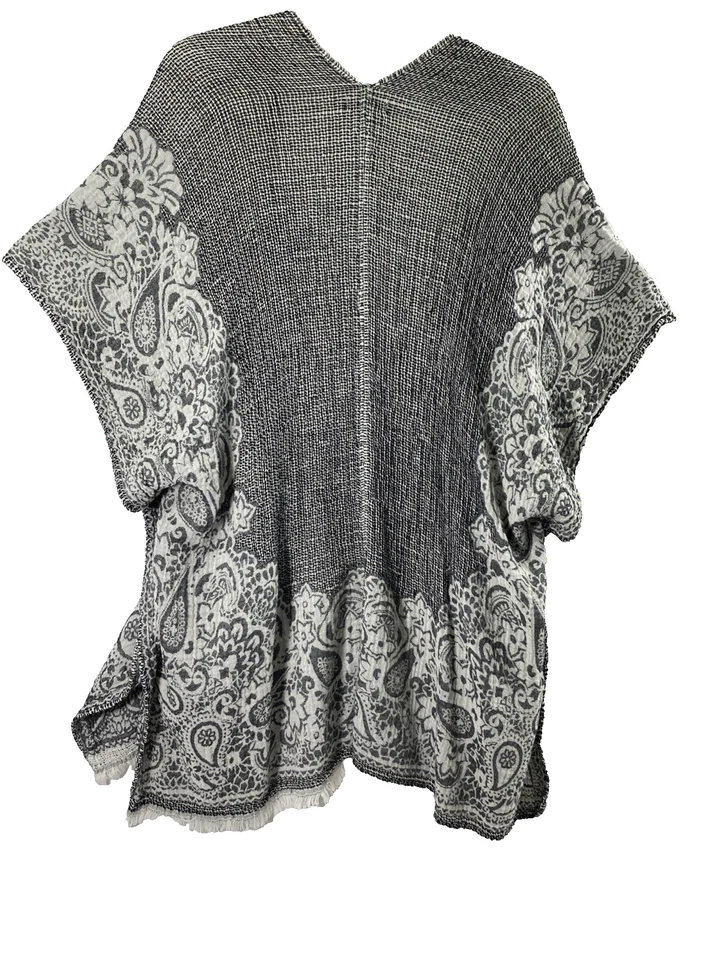 American Eagle Boho Duster Cardigan Womens One Size Black White Floral Fringe - Image 2 of 4