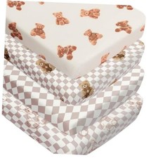 Fitted Baby Neutral Bear and Buffalo Check Plaid Breathable Unisex Crib Sheets