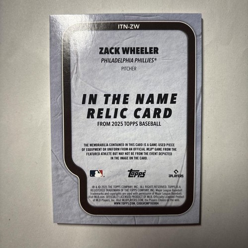 2025 Topps Baseball Card Zack Wheeler Philadelphia Phillies 1 of 1 Excellent - Picture 24 of 24