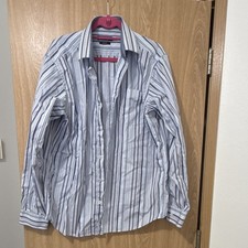 Bugatchi Classic Fit Blue White Tan Striped Cotton Dress Shirt L 32/33