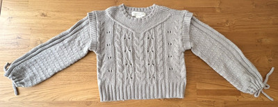 Saltwater Luxe Womens Cable Knit Sweater S Beige Fog Tie Cuff Ruffle Pullover