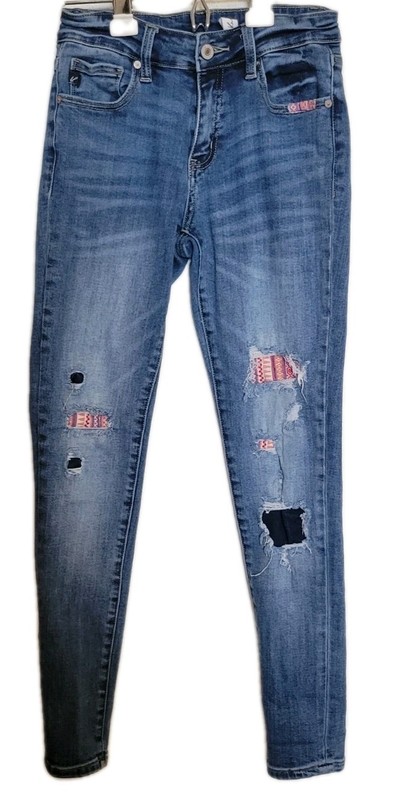 Kancan Distressed Jeans 5/26 Geometric Embroidered Patched Medium Wash Comfort 