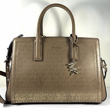 Michael Kors Laila Gold MK Signature Logo Canvas Medium Satchel Shoulder Bag