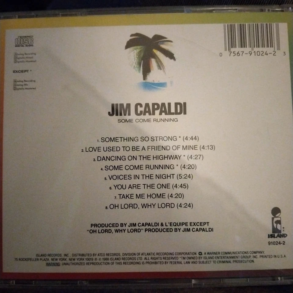 JIM CAPALDI - SOME COME RUNNING - MUSIC CD - 8 GREAT TRACKS  ISLAND RECORDS 1988 - Image 2 of 4