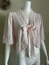 Vintage 1960s Berkshire Pink Nylon Tricot Bed Jacket Ruffle Tie Front Peignoir S