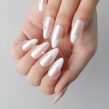 evpct French Tips Press on Nails Medium Almond, Nude Pink + White Tips, Chrom...