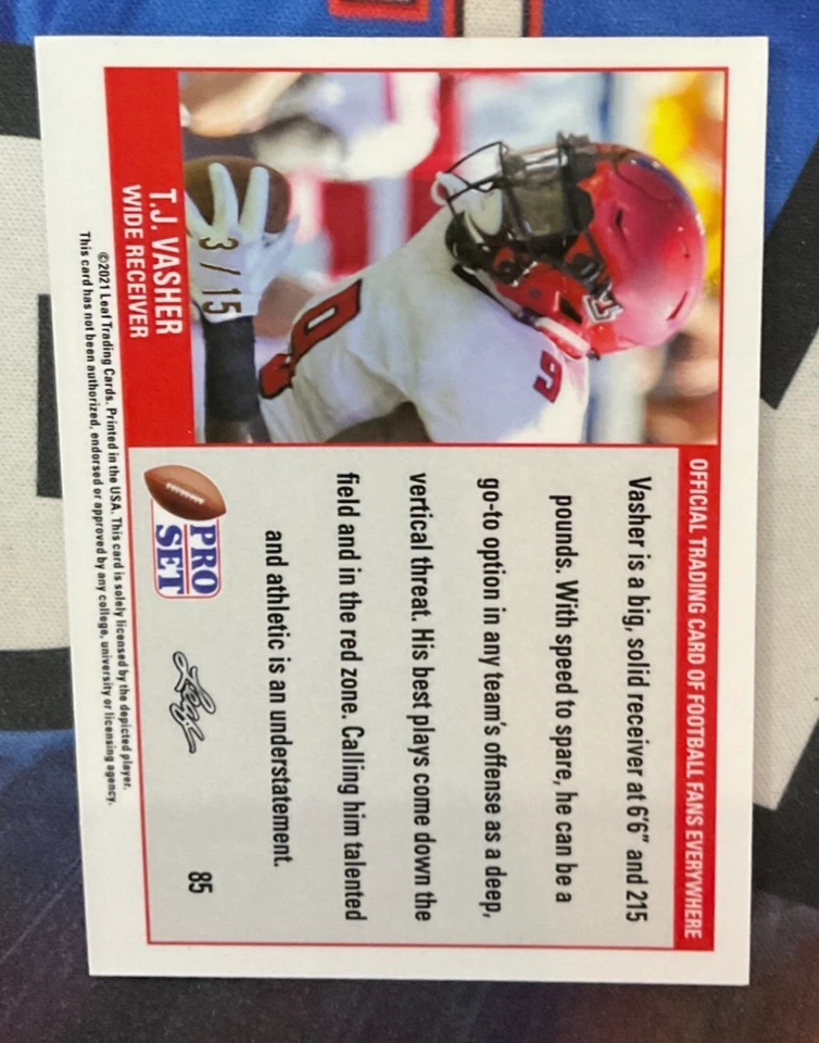 2021 Leaf Pro Set Football #85 TJ Vasher Wave 3/15 Rookie RC (JR) - Image 2 of 2