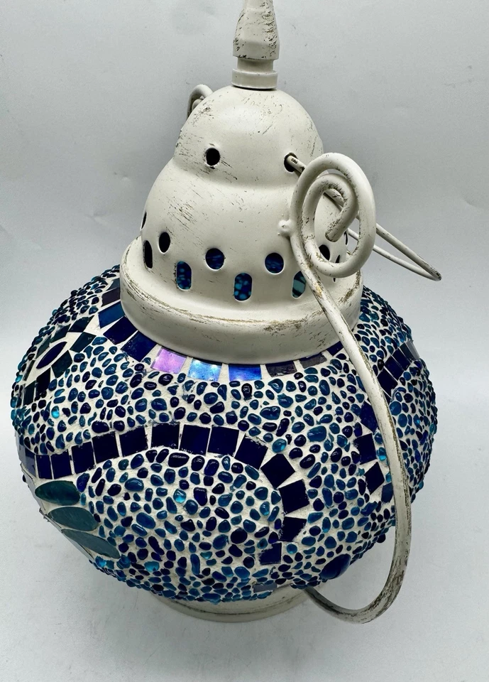 Pier One Mosaic Glass Cobalt Blue Hanging Garden Lantern Candle Boho - Image 4 of 4