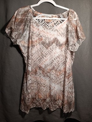 Keren Hart XL Made in USA 90s Y2K Flowy Sheer Lacy Overlay Top Neutral Browns