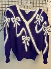 VTG Christine Purple  White Wrap Look Sweater Jeweled 80s Size M With Angora