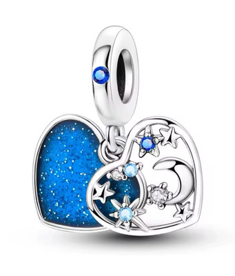 Blaues Herz Mond und Anfang Sterlingsilber 925 Charm Brad passt europäisches Armband