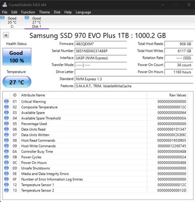 100% Health - Samsung 970 EVO PLUS 1TB M.2 SSD 100% Health