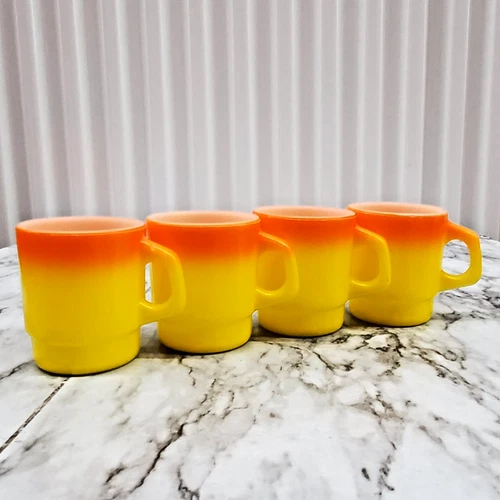 Vintage Fire King Anchor Hocking Orange Yellow Stacking Coffee Cup Lot of 4