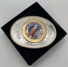 Montana Silversmiths 1922 Peace 90%Silver Dollar. Belt Buckle W/Colorized Flag