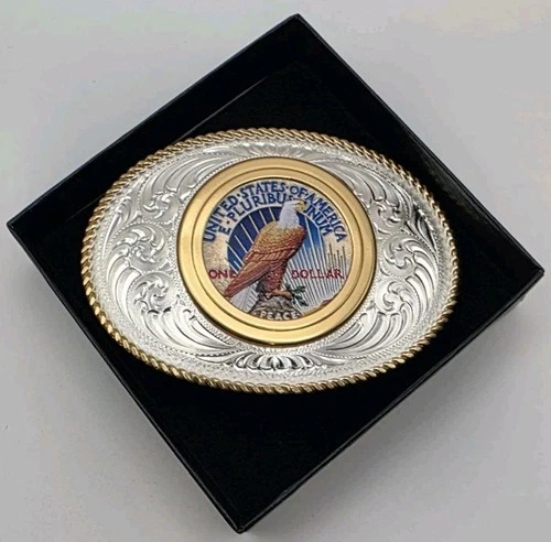 Montana Silversmiths 1922 Peace 90%Silver Dollar. Belt Buckle W/Colorized Flag