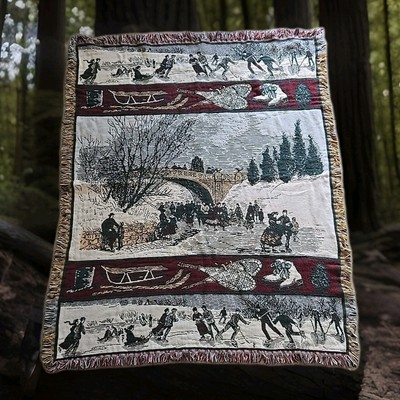 Tapestry ,Goodwin Weavers, Bridge Family Ice Skating Throw Woven Cottagecore 