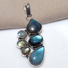 925 Silver Plated Massive Fiery Labradorite Pendant 2.3" Statement Jewelry JW