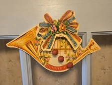 Vintage Wooden Door Harp Christmas French Horn Cottagecore Retro Beautiful EUC