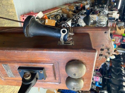 Antico telefono western elettrico manovella legno parete rovere display vintage etichetta bello - Foto 2 di 22
