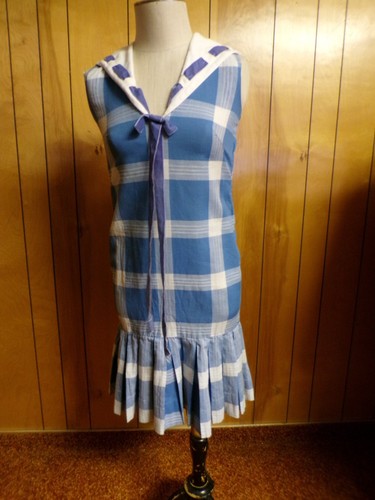 Vintage JONATHAN LOGAN Blue Plaid Sailor Dress Waist 34"