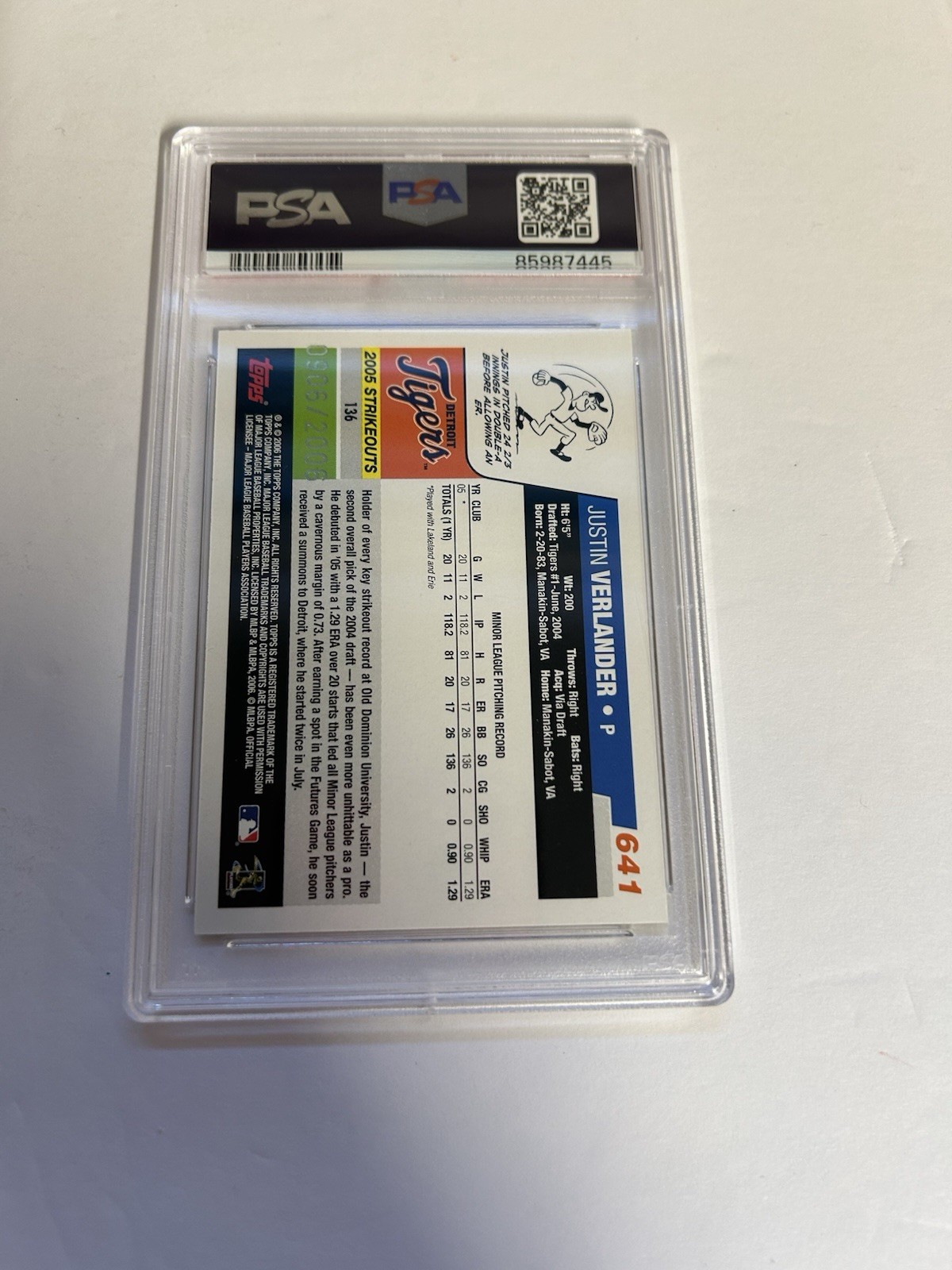2006 Topps Gold Parallel Serial #/2006 Justin Verlander PSA 10 Rookie Card!!!! view 2