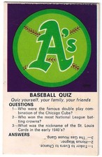 1968-72 Fleer Baseball Cloth Patches OAKLAND ATHLETICS A'S TEAM LOGO QUIZ Card