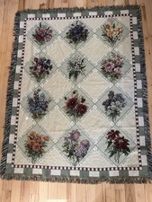 Afghan Tapestry Throw FLORAL ANNUALS 54x70 Multi Color Made in USA Cotton