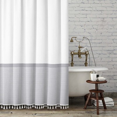 Tassel Fabric Shower Curtain White Gray Striped 78-Inch Bathroom Curtain Set ...