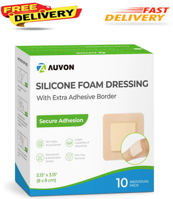 AUVON Silicone Foam Dressing with Large Adhesive Border, 3'' x 3'' 10-Pack Wound
