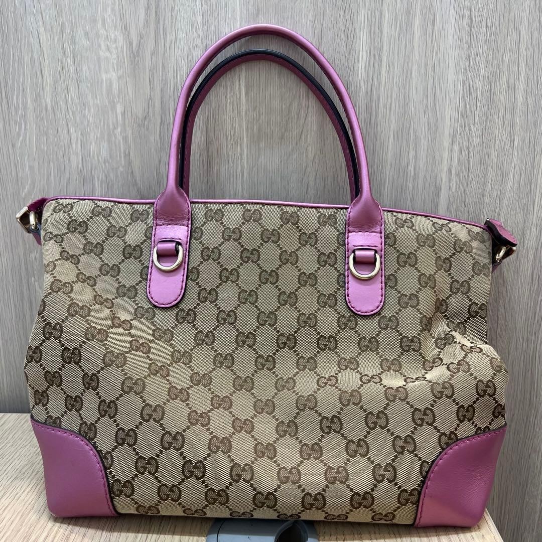 GUCCI Tote Bag Pink Canvas Leather Heart Charm Bamboo Gold Authentic Women's thumbnail 2