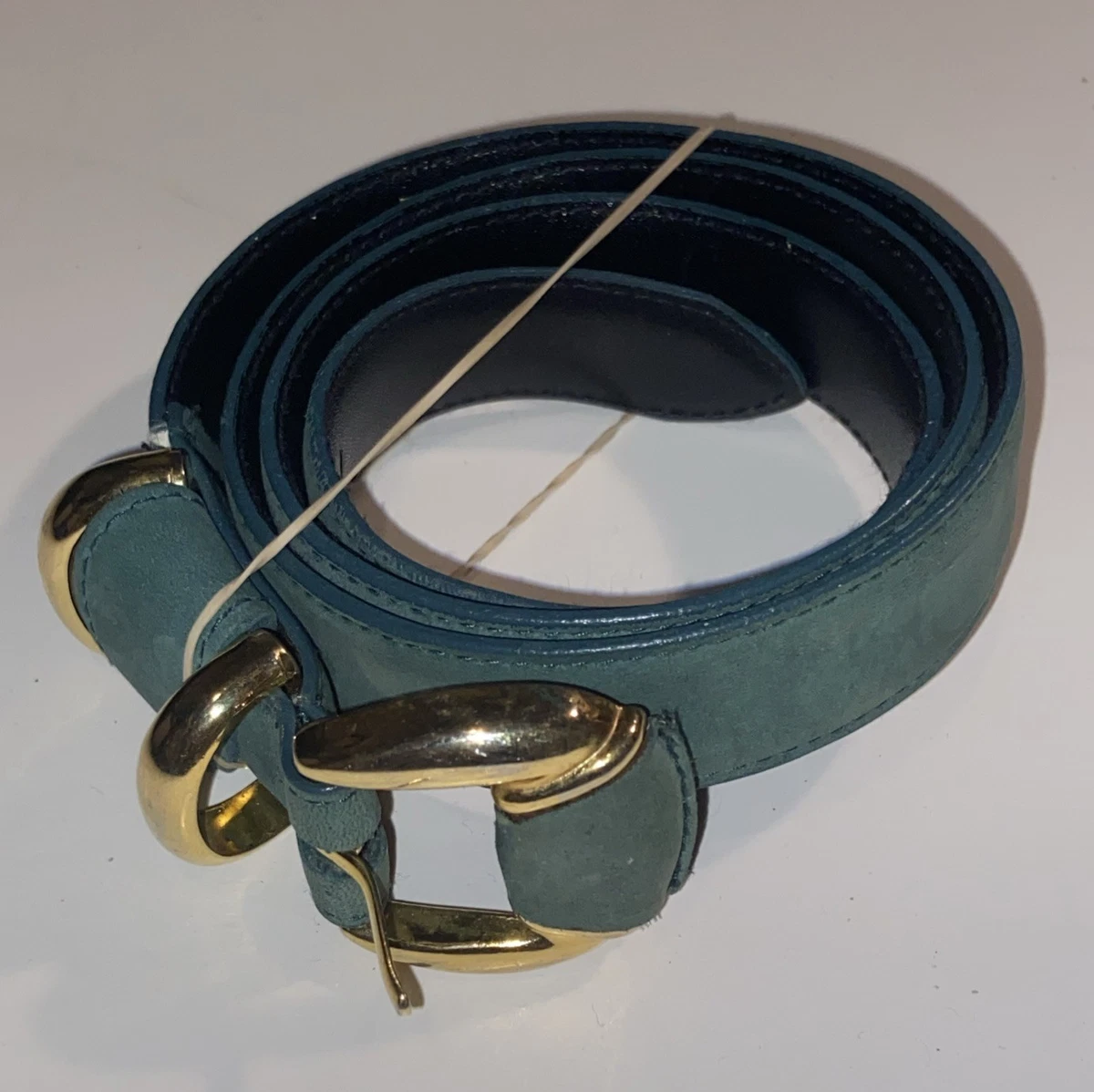 Vintage 80s Emerald Green Suede & Stretch Belt Gold Statement Buckle 30–34\